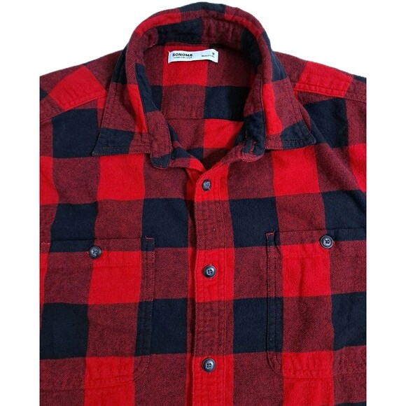 Sonoma Mens Medium Flannel Red Black Check Plaid Lumberjack Shirt Button - Picture 2 of 8